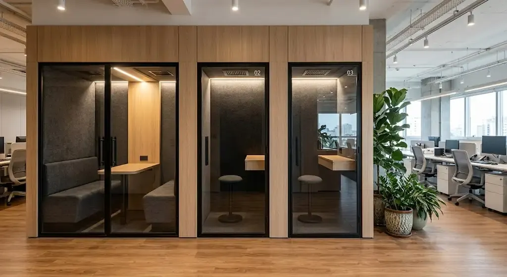 Cabines de foco (phone booths) em escritório corporativo