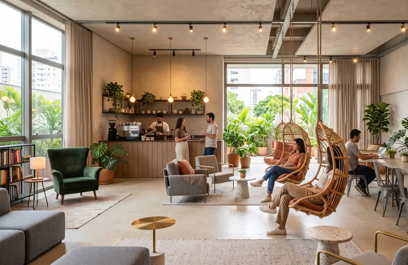 Café colaborativo corporativo projetado pela Mold Arq