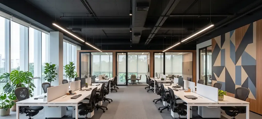 Estações de trabalho em escritório corporativo
