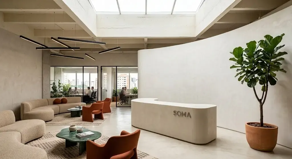 Lobby e recepção corporativa projetada pela Mold Arq