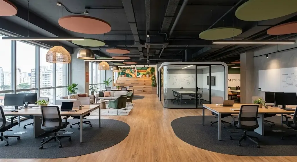 Open space corporativo com áreas de convivência