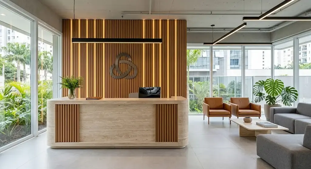 Recepção corporativa projetada pela Mold Arq